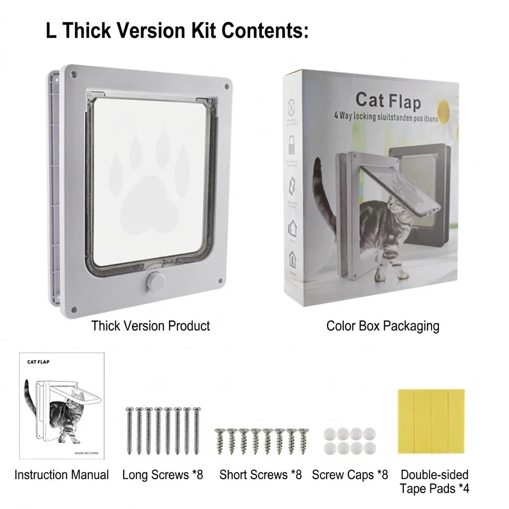 4-Way Locking Pet Cat Door Frame for Wooden, Glass Doors & Walls