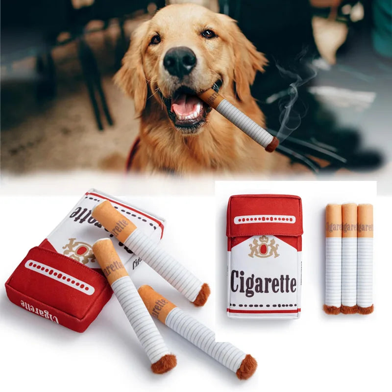 Funny Plush Cigarette Pack & Stick Squeak Dog Toys