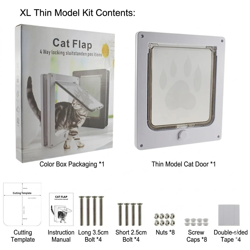 4-Way Locking Pet Cat Door Frame for Wooden, Glass Doors & Walls