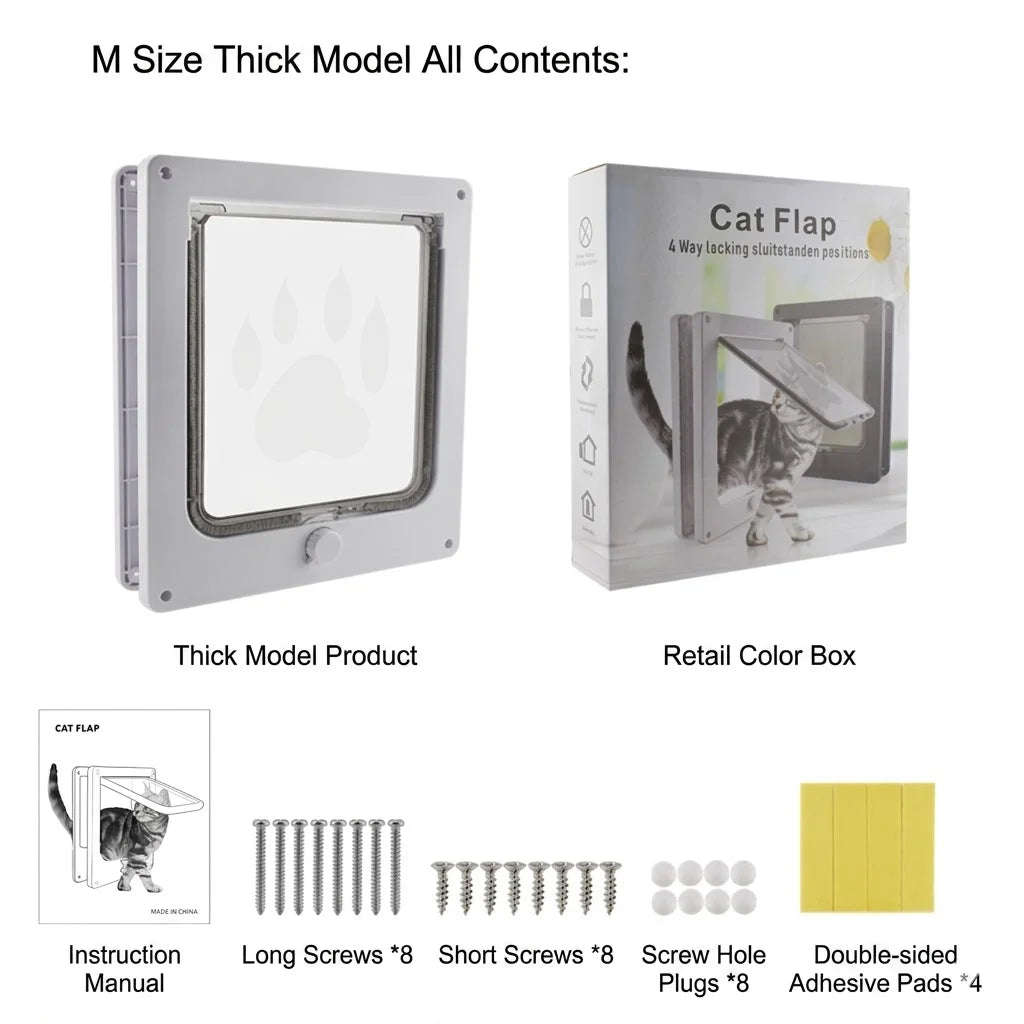 4-Way Locking Pet Cat Door Frame for Wooden, Glass Doors & Walls