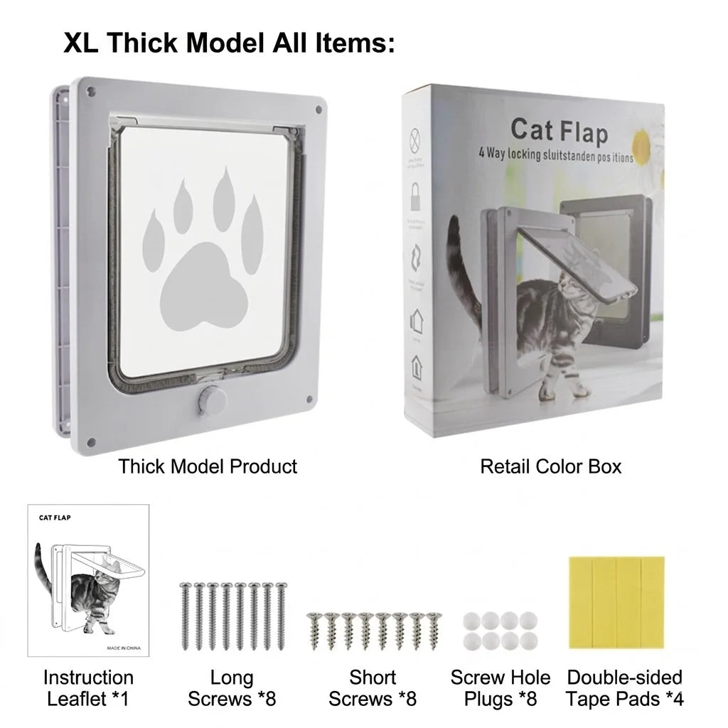 4-Way Locking Pet Cat Door Frame for Wooden, Glass Doors & Walls