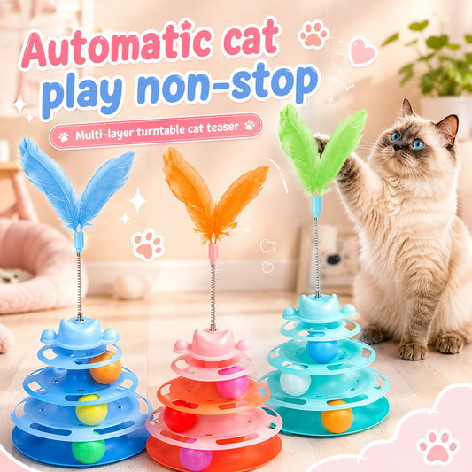 Interactive 3-Tier Cat Turntable & Feather Teaser Toy