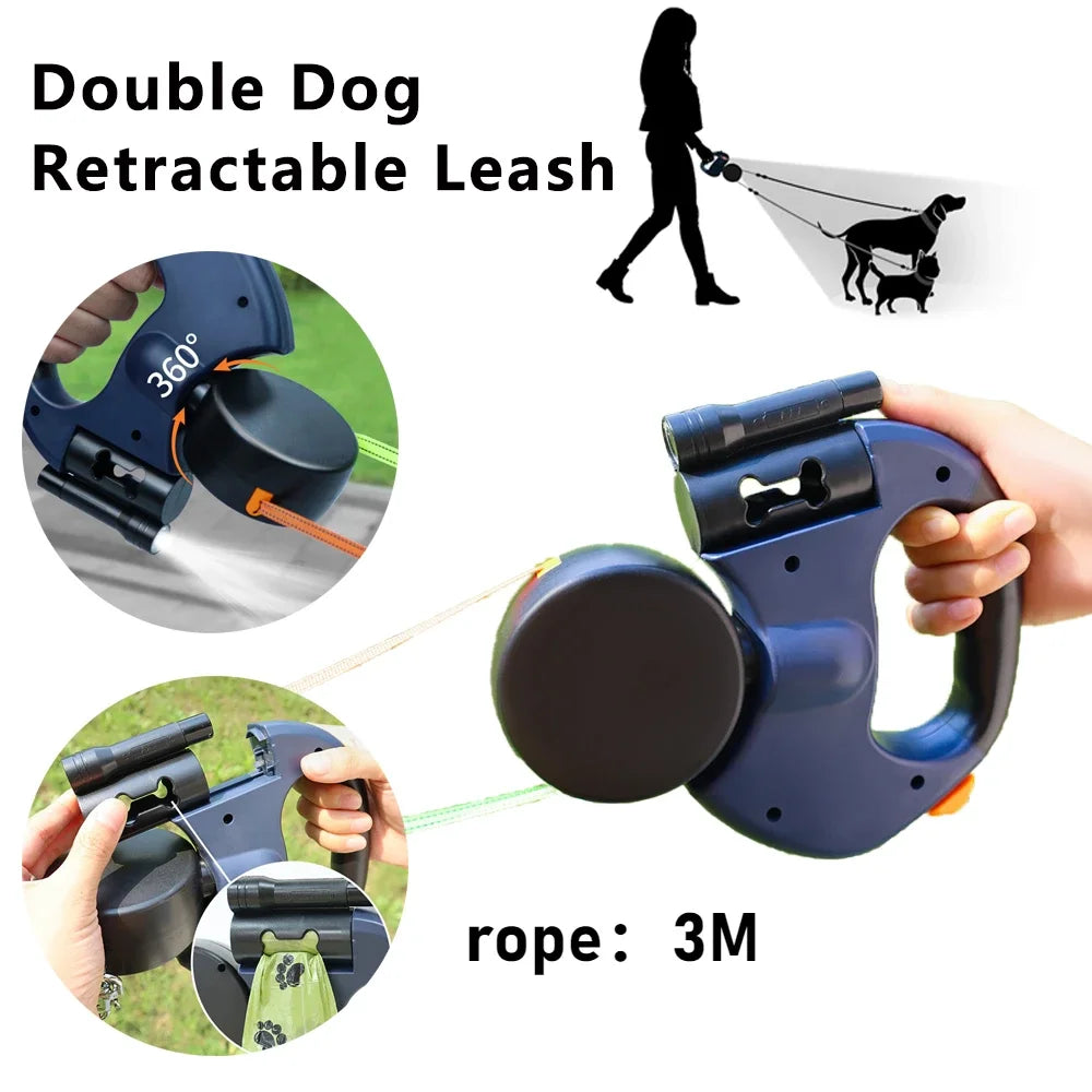 3-in-1 Retractable Dog Leash with LED Flashlight & 360° Anti-Tangle Rotation