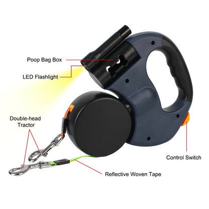 3-in-1 Retractable Dog Leash with LED Flashlight & 360° Anti-Tangle Rotation