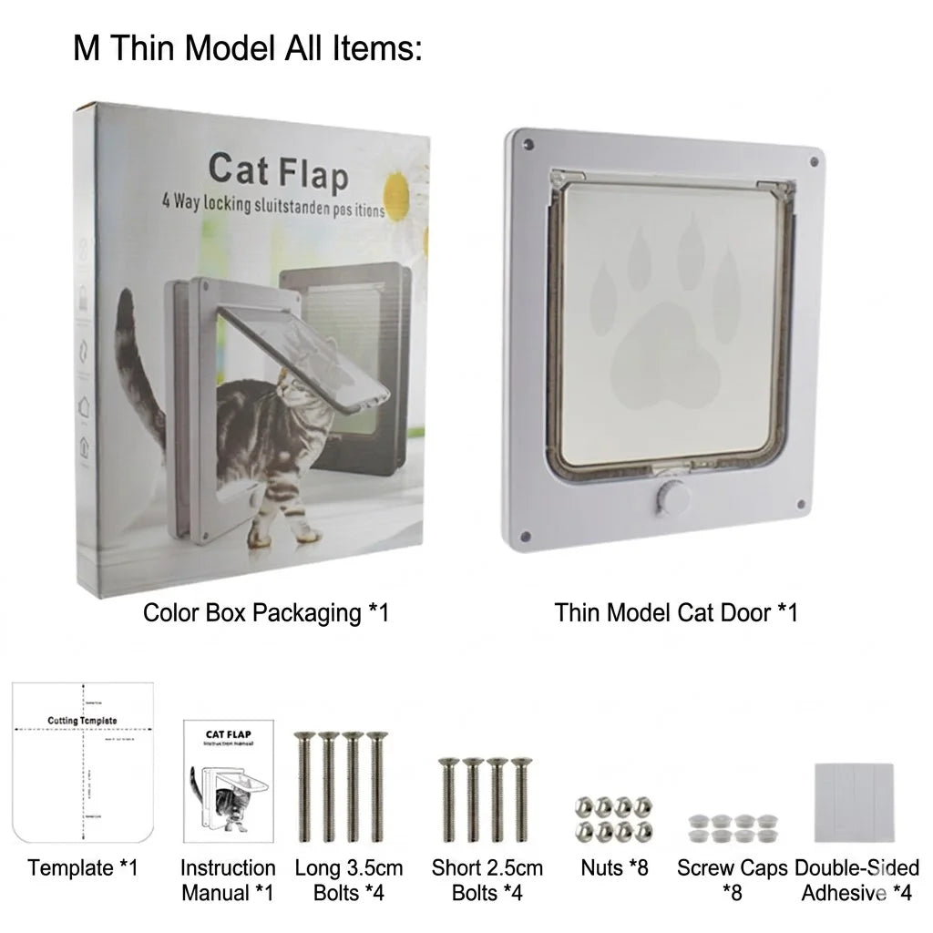 4-Way Locking Pet Cat Door Frame for Wooden, Glass Doors & Walls