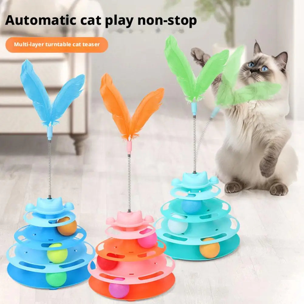 Interactive 3-Tier Cat Turntable & Feather Teaser Toy