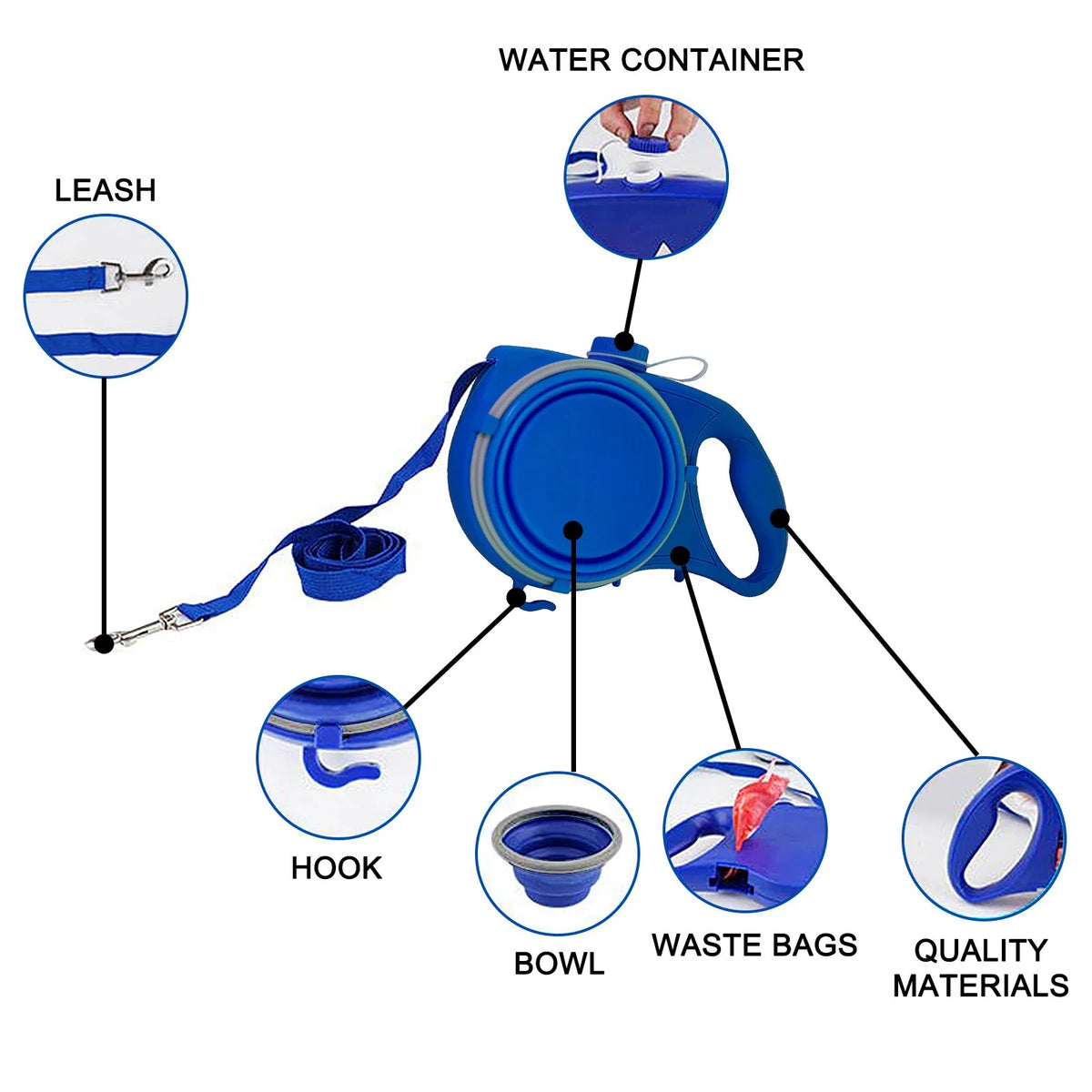 5-in-1 Multifunctional Dog Leash with Built-In Water Bottle & Collapsible Bowl